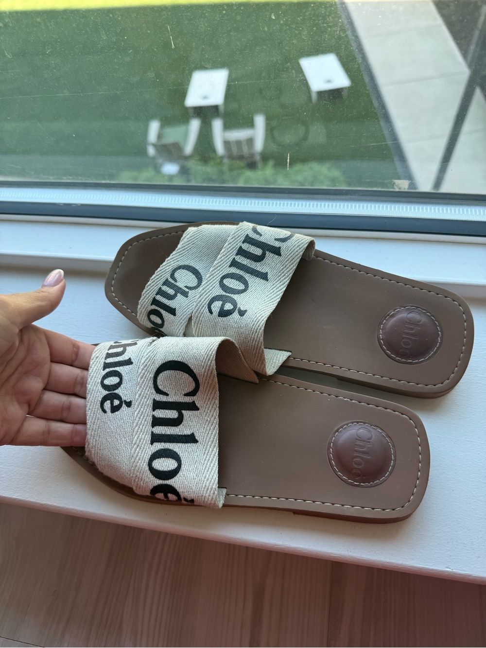 Chloé Beige Canvas Logo Slide Sandals with Brown Leather Soles
